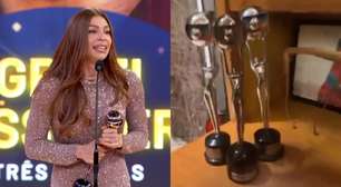 Grazi Massafera mostra os três troféus que ganhou no Melhores do Ano: 'Olha que...'