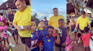 Apresentador Thiago Michelasi lidera ação de Páscoa e emociona crianças em comunidade de Porto Ferreira