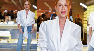 Ela pode tudo! Marina Ruy Barbosa aposta em camisa de grife de mais de R$ 16 mil e eleva o jeans básico em evento de moda em São Paulo