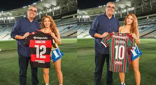 Com as cores do Brasil, Shakira vai ao Maracanã, autografa bola e ganha camisas de Flamengo e Fluminense