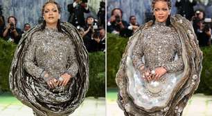 Avisa que é ela! Artista digital transforma com IA look de Rihanna no Met Gala em ostra com maxipérola. Compare as duas versões