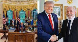 Compare as fotos: veja diferenças entre registros de Flávio Bolsonaro e Lula com Trump