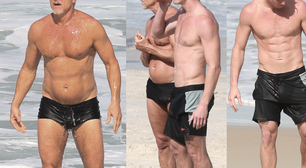 Genética boa! Aos 63 anos, Marcello Novaes exibe abdômen definido de sunga cavada em praia com o filho Pedro Novaes; fotos