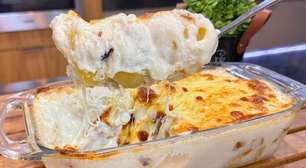 Batata cremosa de forno com bacon picadinho e muita muçarela derretida, para você gratinar e se deliciar