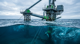 A turbina flutuante de 72 metros presa no mar da Escócia usa duas hélices submersas para transformar a força das marés em eletricidade limpa sem barragens