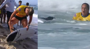 Surfista americana quebra prancha ao meio e sofre corte na perna ao executar manobra em Saquarema