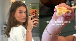 Filha de brasileira, Hailey Bieber mostra o filho provando brigadeiro pela primeira vez: 'Sucesso'