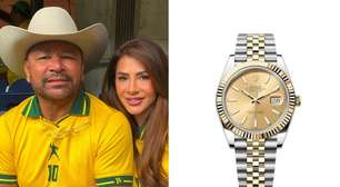 Ao lado da namorada, Neymar Pai usa relógio de quase R$ 500 mil em jogo do Brasil