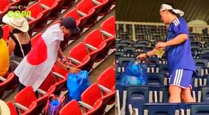Torcedores japoneses recolhem lixo no estádio após derrota para o Brasil em Houston