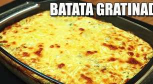 Batata gratinada com bastante queijo que fica pronta em poucos minutos no forno, simples e deliciosa
