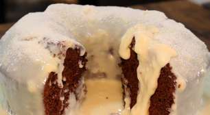 Bolo vulcão que traz uma combinação divina de chocolate com leite ninho e muita cobertura cremosa