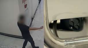 Câmera registra homem escondendo celular em banheiro para filmar mulheres em prédio comercial