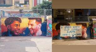 Mural com rostos de Yamal e Messi é vandalizado em Barcelona antes da final da Copa