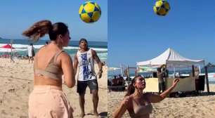 Paolla Oliveira surpreende com habilidade no futevôlei no Rio de Janeiro