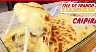 Filé de frango à parmegiana caipira coberto com creme de milho e muito queijo derretido
