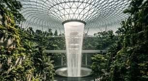 Uma cúpula de aço e vidro com 3.500 toneladas abriga uma floresta e uma queda-d'água de 40 metros dentro de um aeroporto