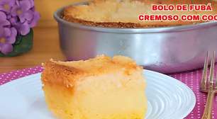 Bolo cremoso de fubá rápido que fica bem fofinho, com uma crosta crocante de coco divina