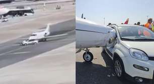 Carro invade pista e bate em jato particular no aeroporto de Milão; veja
