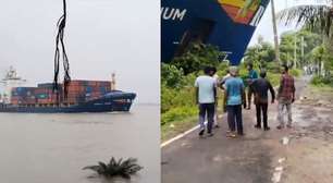 Vídeo mostra momento em que navio perde controle e atinge margem de rio na Índia