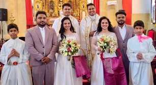 Os gêmeos que se casaram com irmãs gêmeas em celebração feita por padres gêmeos e com coroinhas gêmeos