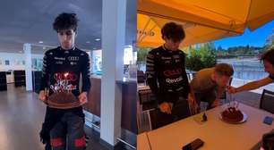 Bortoleto leva bolo para Hulkenberg ao comemorar aniversário do colega de equipe na F1
