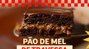 Pão de mel na travessa com massa bem fofinha e cobertura cremosa de chocolate, para encantar a todos