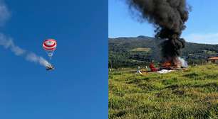 Veja momento em que avião monomotor pega fogo no ar e cai com paraquedas acionado em MG