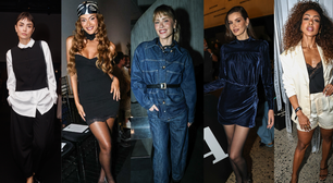 All-jeans, veludo azul-petróleo e alfaiataria P&amp;B: Carolina Dieckmmann, Camila Queiroz e mais famosas brilham em looks elegantes para evento em SP; veja 14 fotos