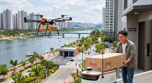 Entregas do futuro na Coreia: drones carregam até 40 quilos sobre rios e repassam encomendas para robôs autônomos que navegam por pátios e sobem até a porta dos moradores