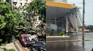 Vídeos mostram postes desabando, casas destelhadas e posto destruído após vendaval no RS