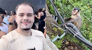 Jovem se distrai e tem sacola 'roubada' por macaco durante visita ao Cristo Redentor