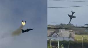 Vídeo mostra pilotos se ejetando pouco antes de caça britânico cair e explodir no País de Gales