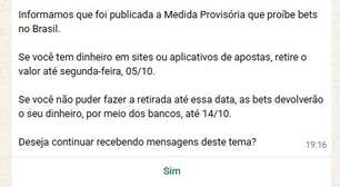 Governo dispara WhatsApp de alerta sobre MP que proíbe apostas