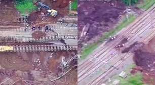 Deslizamento arrasta trecho de ferrovia e deixa trilhos suspensos na Índia; veja
