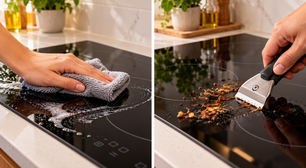 A esponja áspera risca o cooktop por indução sem remover melhor a sujeira, enquanto raspador próprio trabalha quase paralelo ao vidro