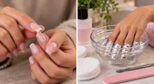 Remover unhas postiças puxando a borda pode arrancar camadas da unha natural, e o adesivo precisa ser dissolvido conforme o sistema usado