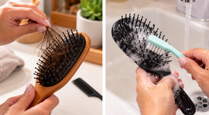 Limpar a escova de cabelo começa removendo fios presos entre as cerdas, e o método de lavagem muda conforme madeira, metal ou plástico