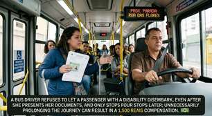 Motorista de ônibus se recusa a deixar passageira com deficiência desembarcar, mesmo após ela apresentar documentos, e só para quatro pontos depois; prolongar o trajeto de forma desnecessária pode terminar em R$ 1,5 mil de indenização