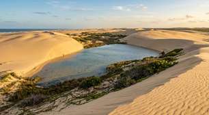 Dunas móveis, manguezais, lagoas temporárias e uma faixa marítima de 1 quilômetro: o parque cearense de 8.850 hectares onde a Pedra Furada e um farol a 95 metros dominam a paisagem