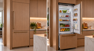 A cozinha sem geladeira aparente usa painéis e eletrodomésticos embutidos para fazer portas e armários parecerem uma única superfície