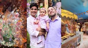 Túnel arborizado, cidade cenográfica e bolo gigantesco com LED e flores: Lucas Rangel e Lucas Bley comemoram 1 ano da filha com mega festa temática da Rapunzel; decoração é impressionante e luxuosa