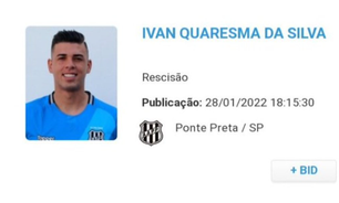 Perto do Corinthians, goleiro Ivan tem rescisão com a Ponte Preta publicada no BID