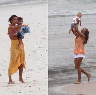 Grazi Massafera grava cenas de 'Flor do Caribe' com bebê em praia carioca