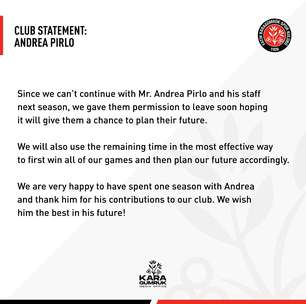 Pirlo deixa comando de time da Turquia e está livre no mercado