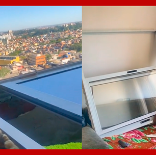 Ciclone: mulher mostra janela de apartamento que teria sido arrancada por ventania em São Paulo