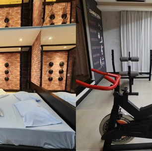 Motel cria sala fitness com bicicleta ergométrica e aparelho de musculação