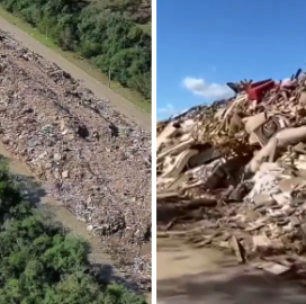 Dois meses após enchente no RS, parque de Canoas acumula montanha de lixo