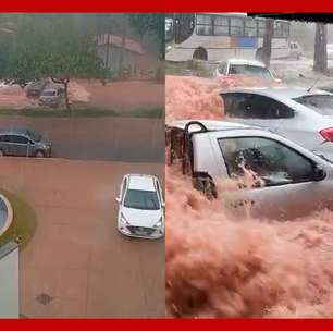 Carros são arrastados por enxurrada e avenida vira 'rio' após temporal em Goiânia