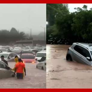 Temporal causa alagamentos e deixa carros submersos em parque aquático no interior de SP