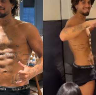 Zé Felipe faz bronzeamento artificial, exibe corpo sarado só de cueca e impressiona Virgínia: 'Tá gato, hein?'